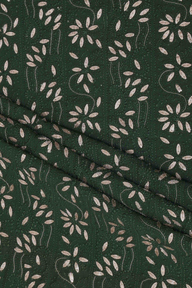 Ada Hand Embroidered Pine Green Georgette Chikan Unstitched Kurta Piece with Gota Patti Work A502121