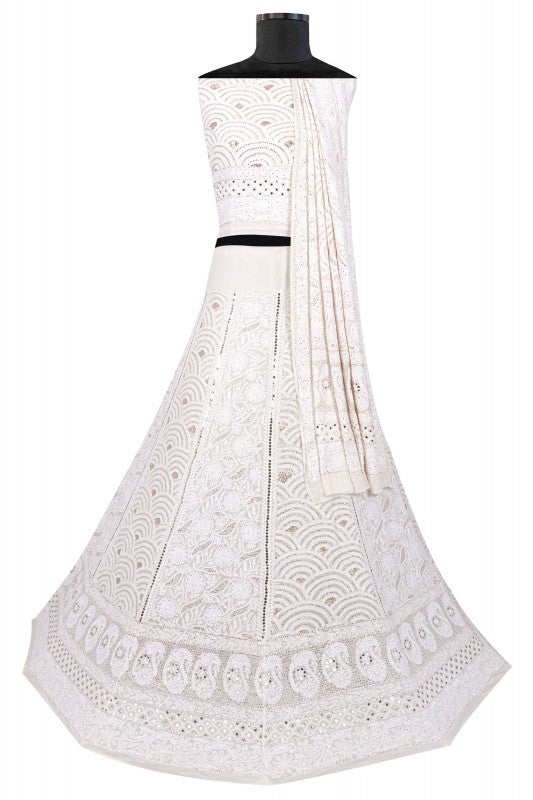 Ada Hand Embroidered White Pure Georgette Lucknowi Chikankari Lehenga Set With Muqaish Work 01A118622