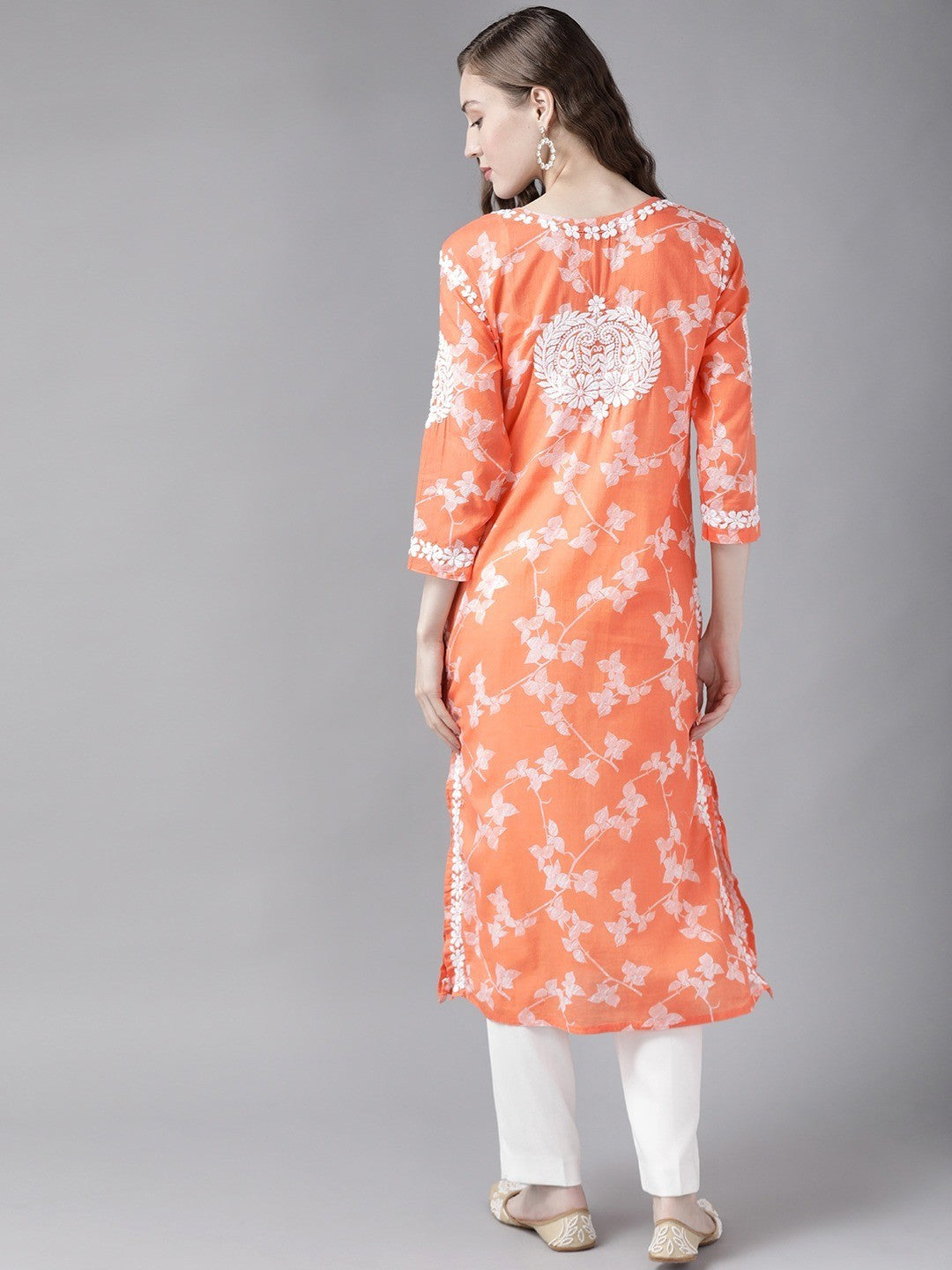 Ada Hand Embroidered Orange Cotton Lucknowi Chikankari Straight Kurta A411265
