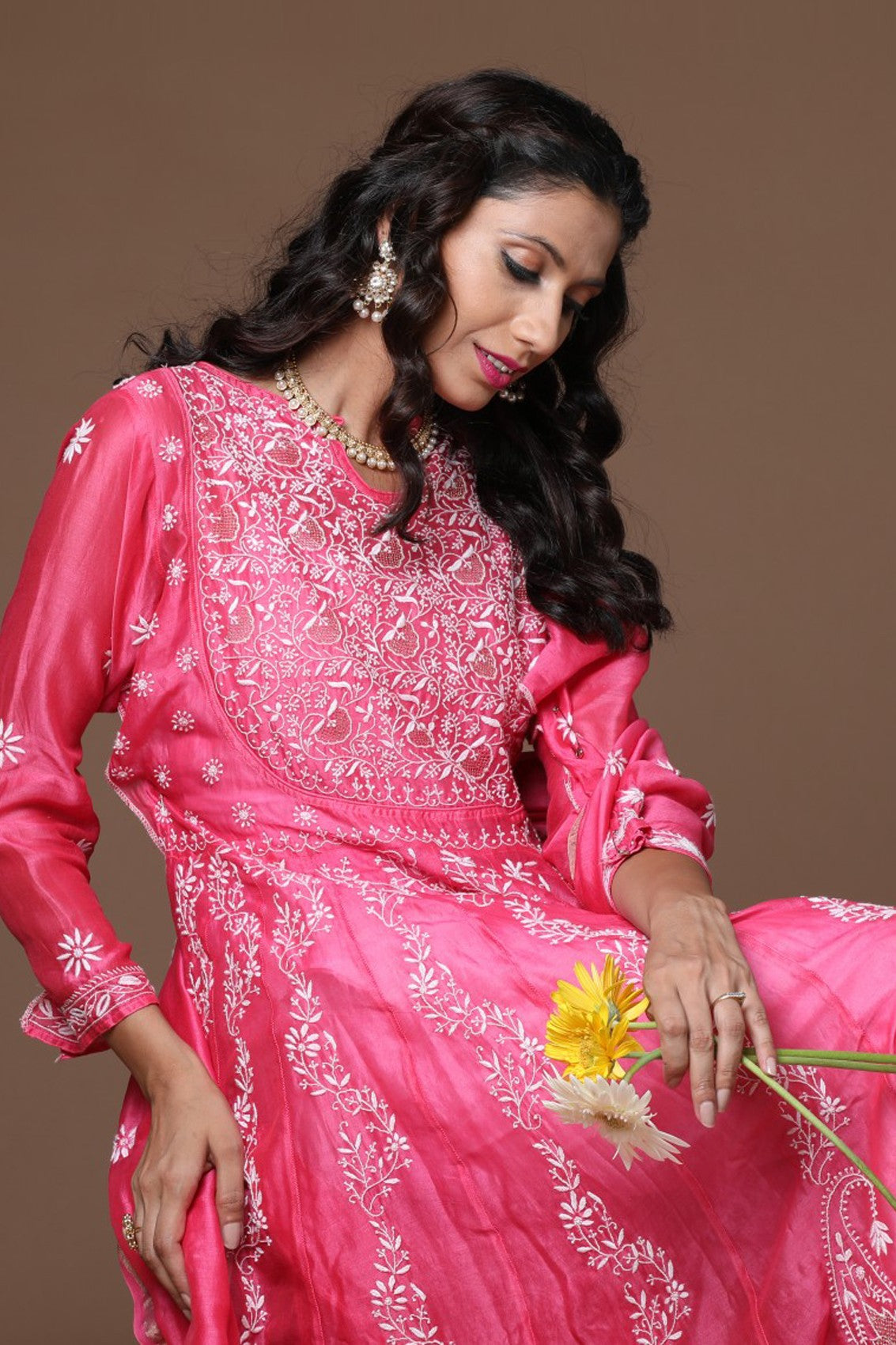 Ada Hand Embroidered Onion Pink Chanderi Lucknowi Chikankari Semi-Stitched Anarkali Kurta Dupatta Set With Zari Work 01A205812