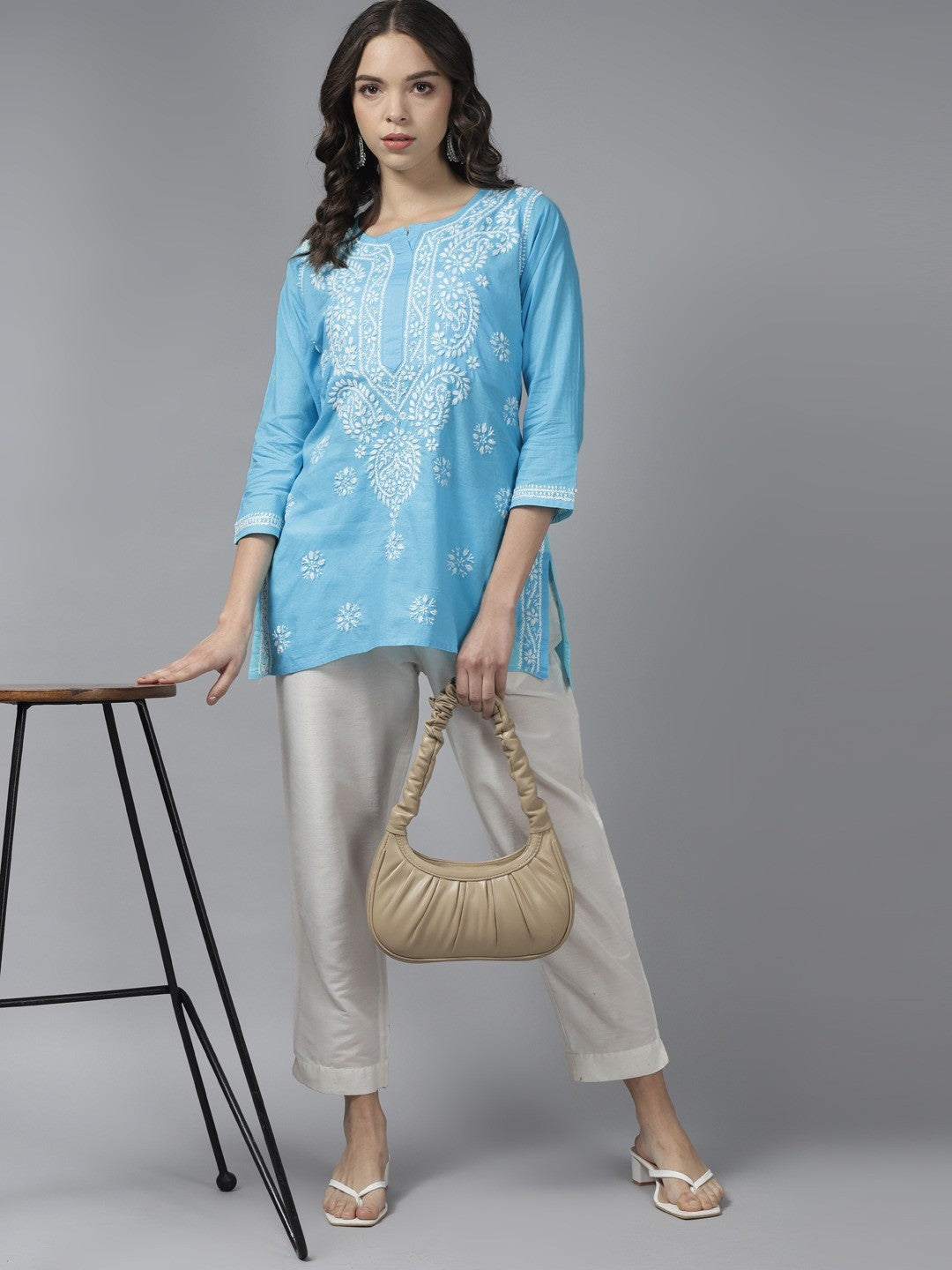 Ada Hand Embroidered Sky Blue Cotton Lucknowi Chikankari Short Kurti A911186