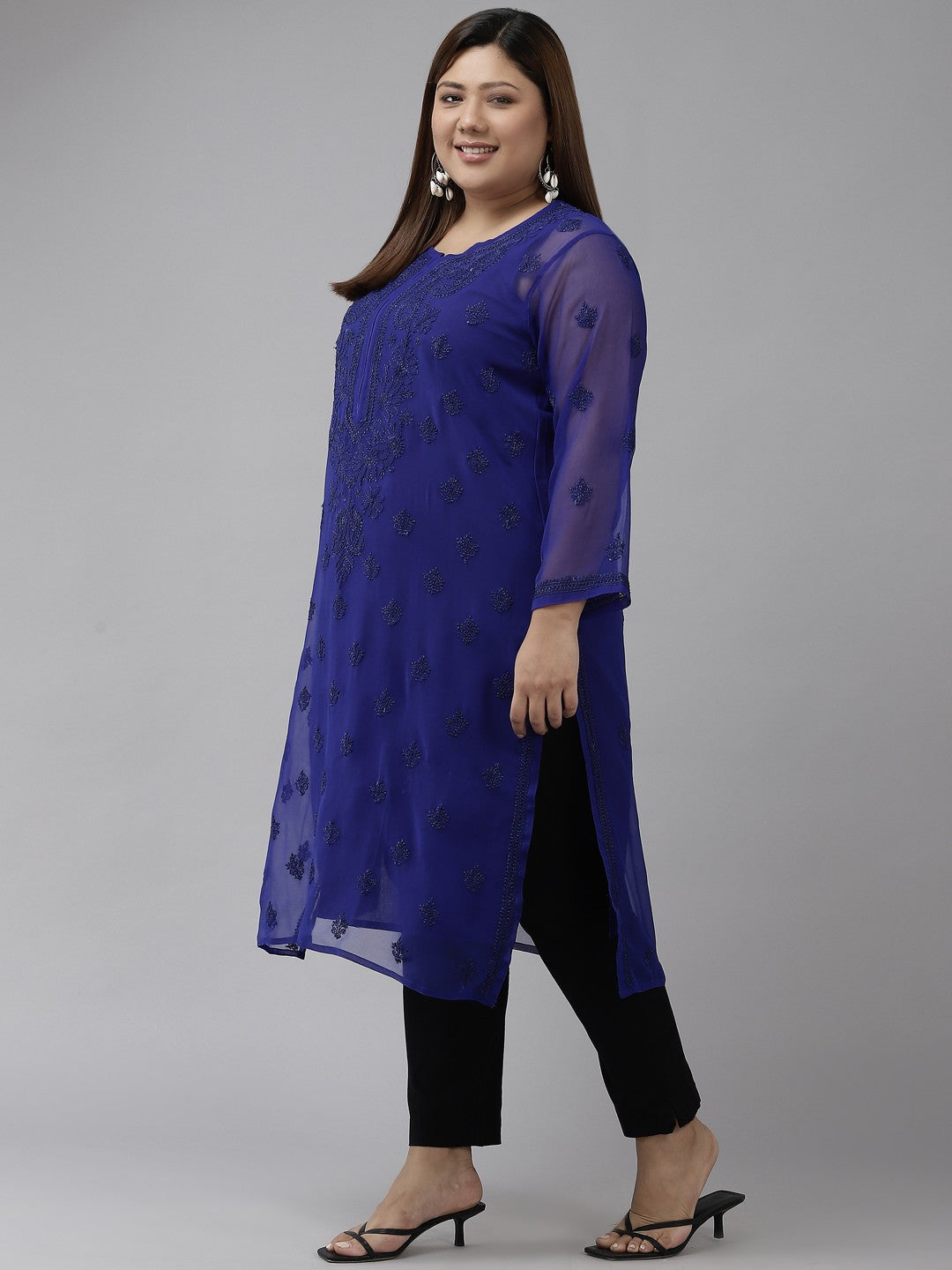 Ada Hand Embroidered Royal Blue Georgette Lucknow Chikan Kurta with Slip A229395