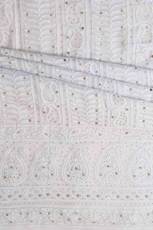 Ada Hand Embroidered White Georgette Chikan Unstitched Kurta Piece With Muqaish Work A501617
