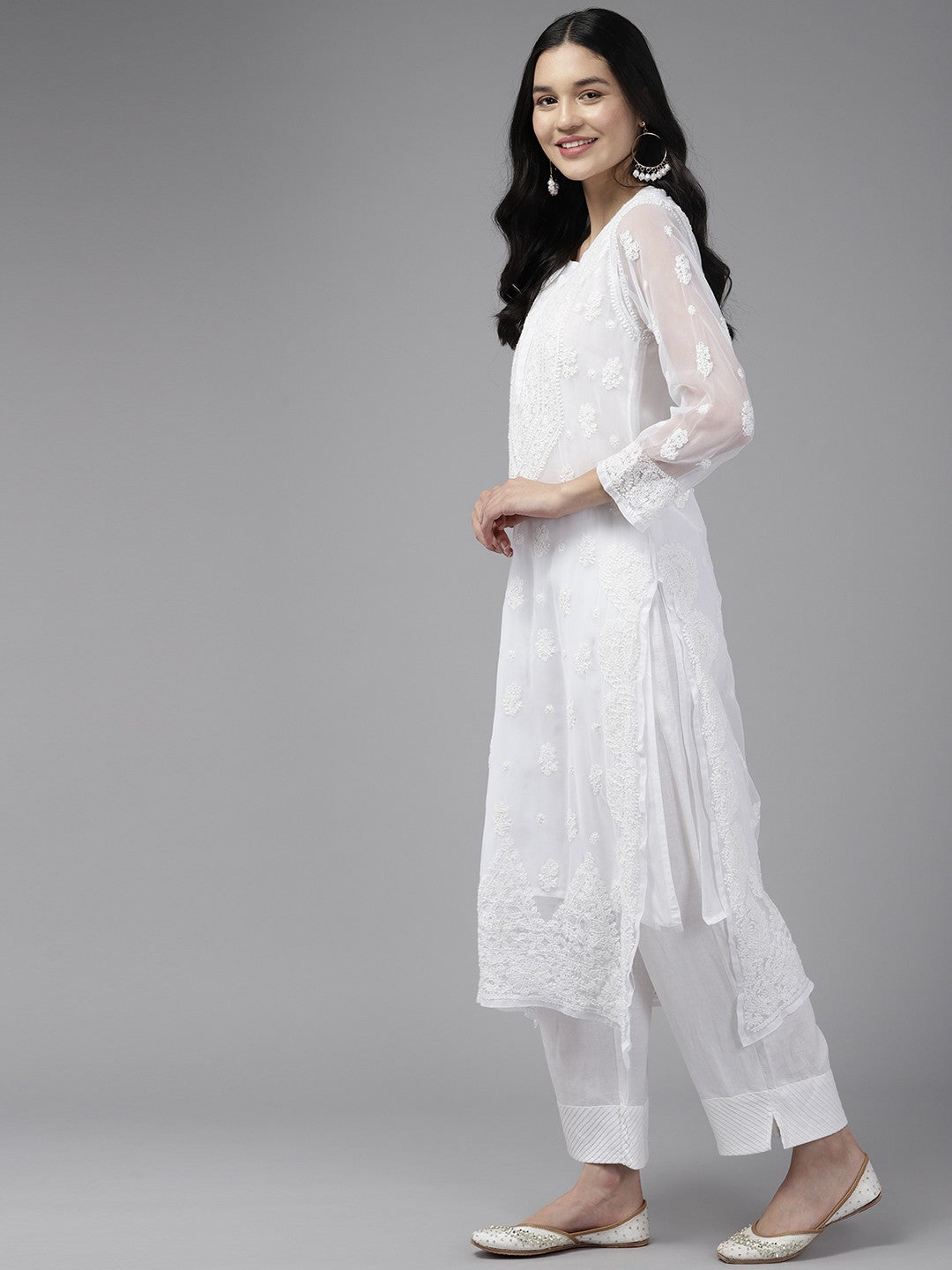 Ada Hand Embroidered White Georgette Lucknowi Chikankari Straight Kurta With Slip A411426