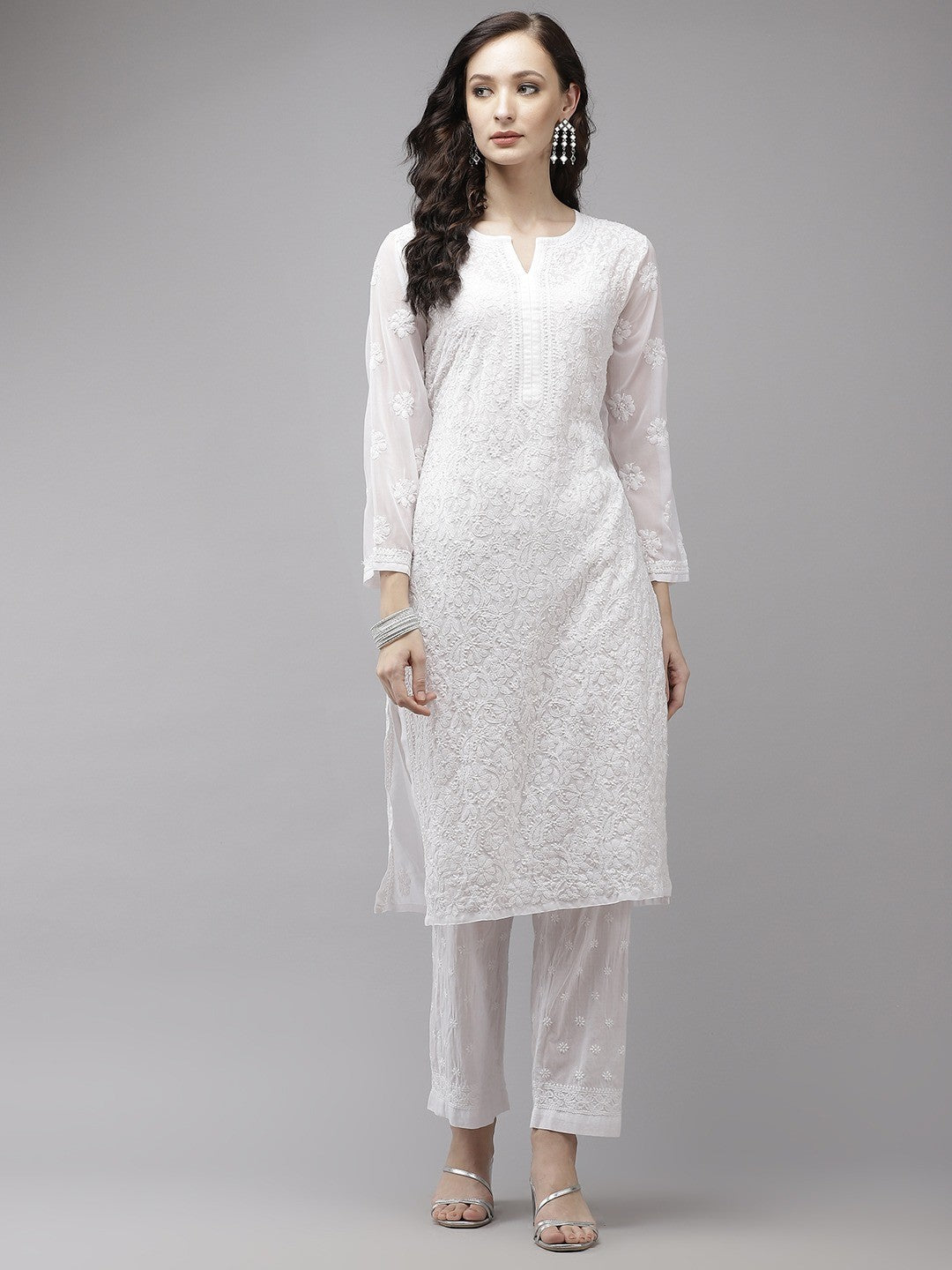 Ada Hand Embroidered White Georgette Lucknowi Chikankari Kurta Set A811216