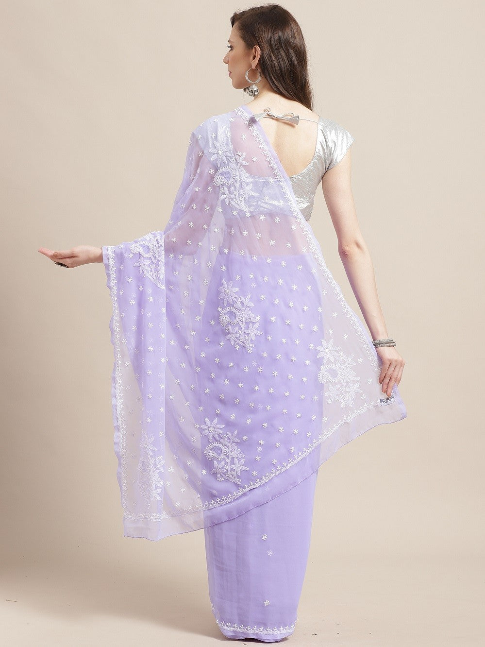 Ada Hand Embroidered Mauve Georgette Lucknow Chikan Saree With Blouse-A233468