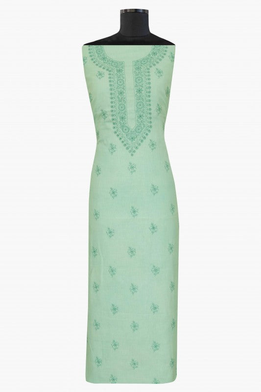 Ada Hand Embroidered Pista Green Linen Lucknowi Chikankari Unstitched Kurta Dupatta–A622077