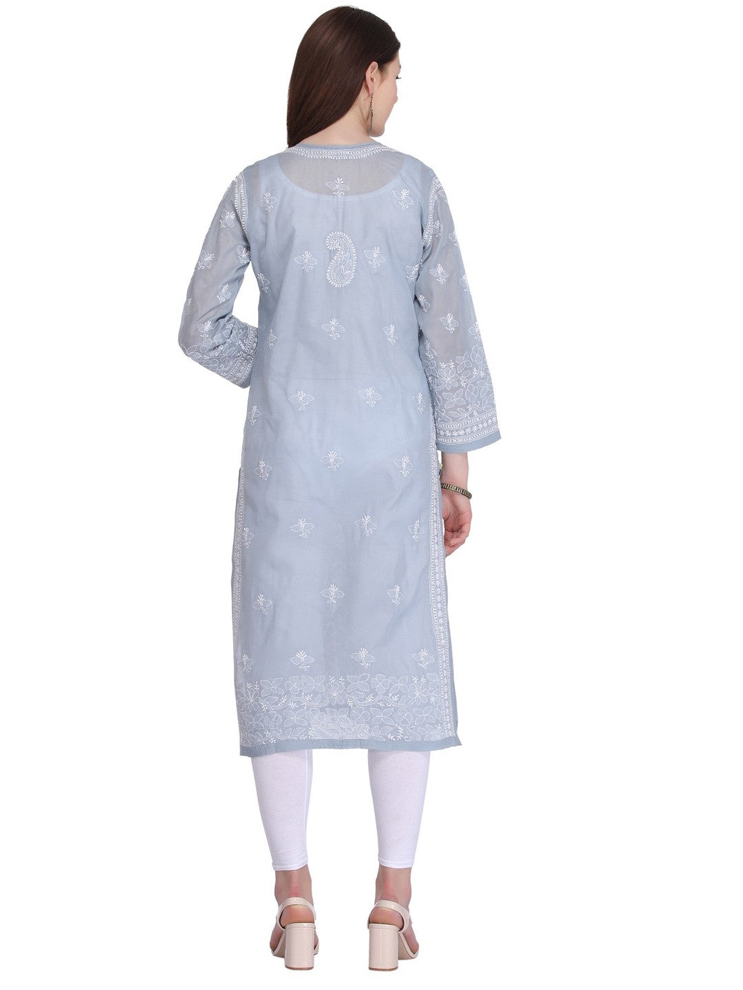 Ada Hand Embroidered Grey Cotton Lucknowi Chikankari Straight Kurta A274287