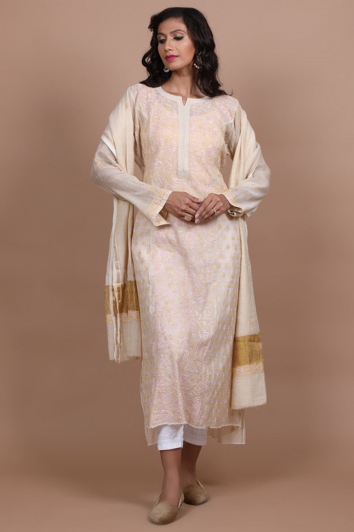 Ada Hand Embroidered Fawn Tissue Lucknowi Chikankari Semi-stitched Kurta Dupatta Set 01A224153