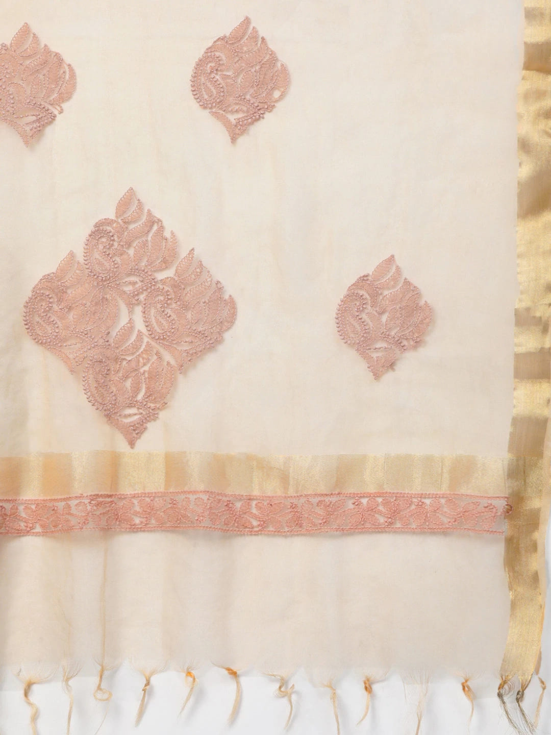 Ada Hand Embroidered Fawn Organza Lucknowi Chikankari Dupatta-A511138