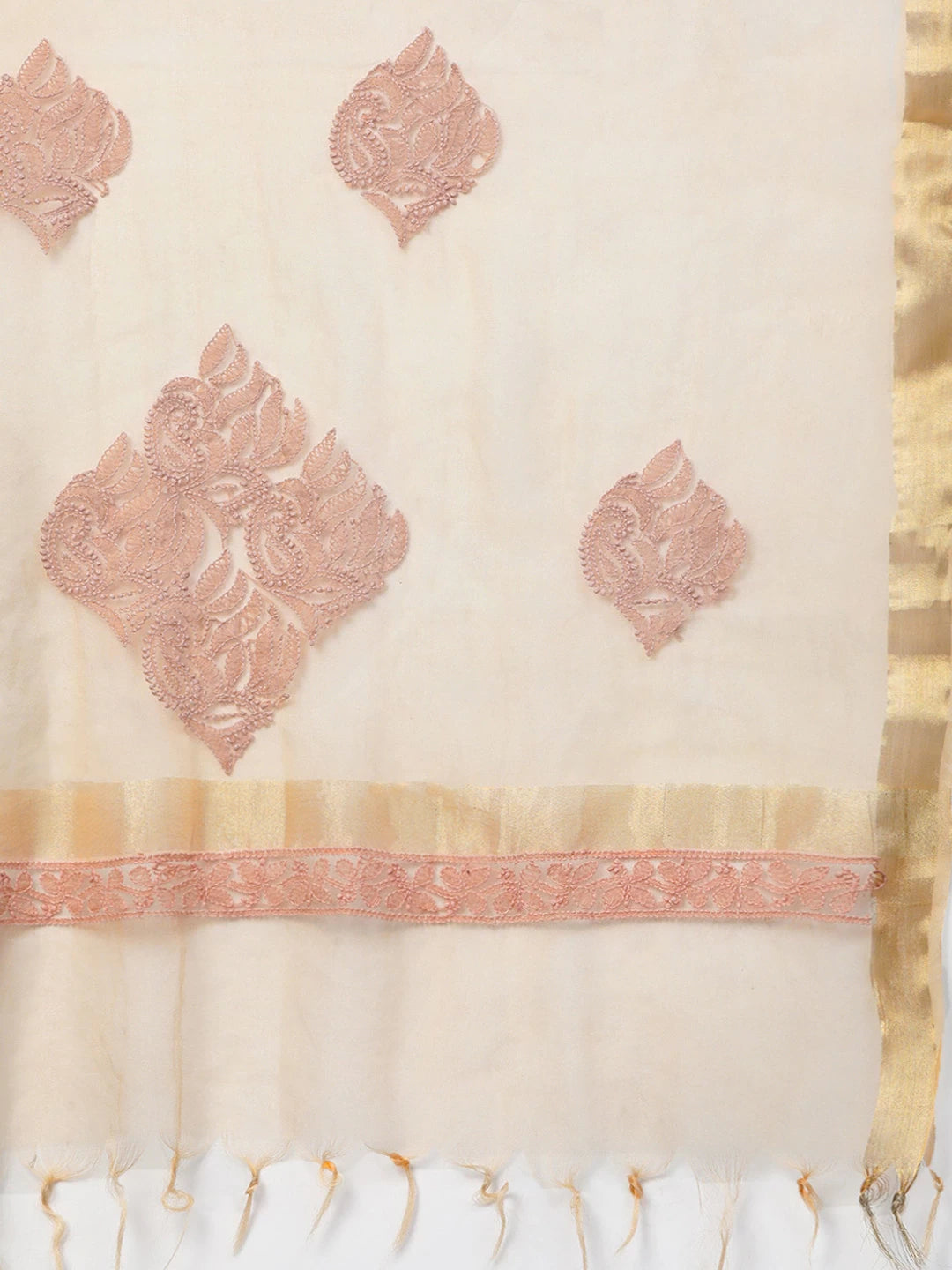 Ada Hand Embroidered Fawn Organza Lucknowi Chikankari Dupatta-A511138