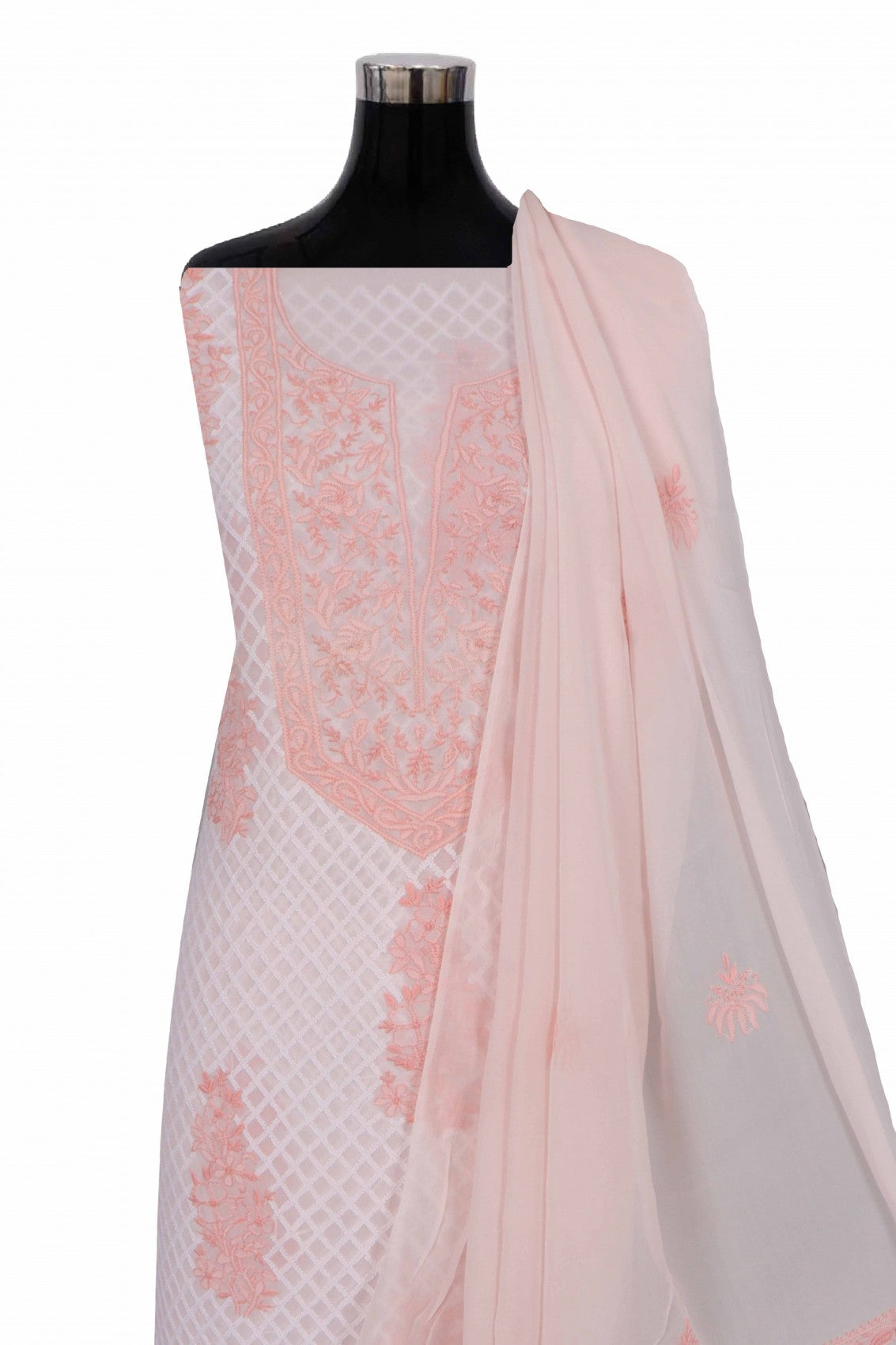 Ada Hand Embroidered Light Peach Pure Georgette Lucknowi Chikankari Unstitched Kurta Dupatta Set A454113