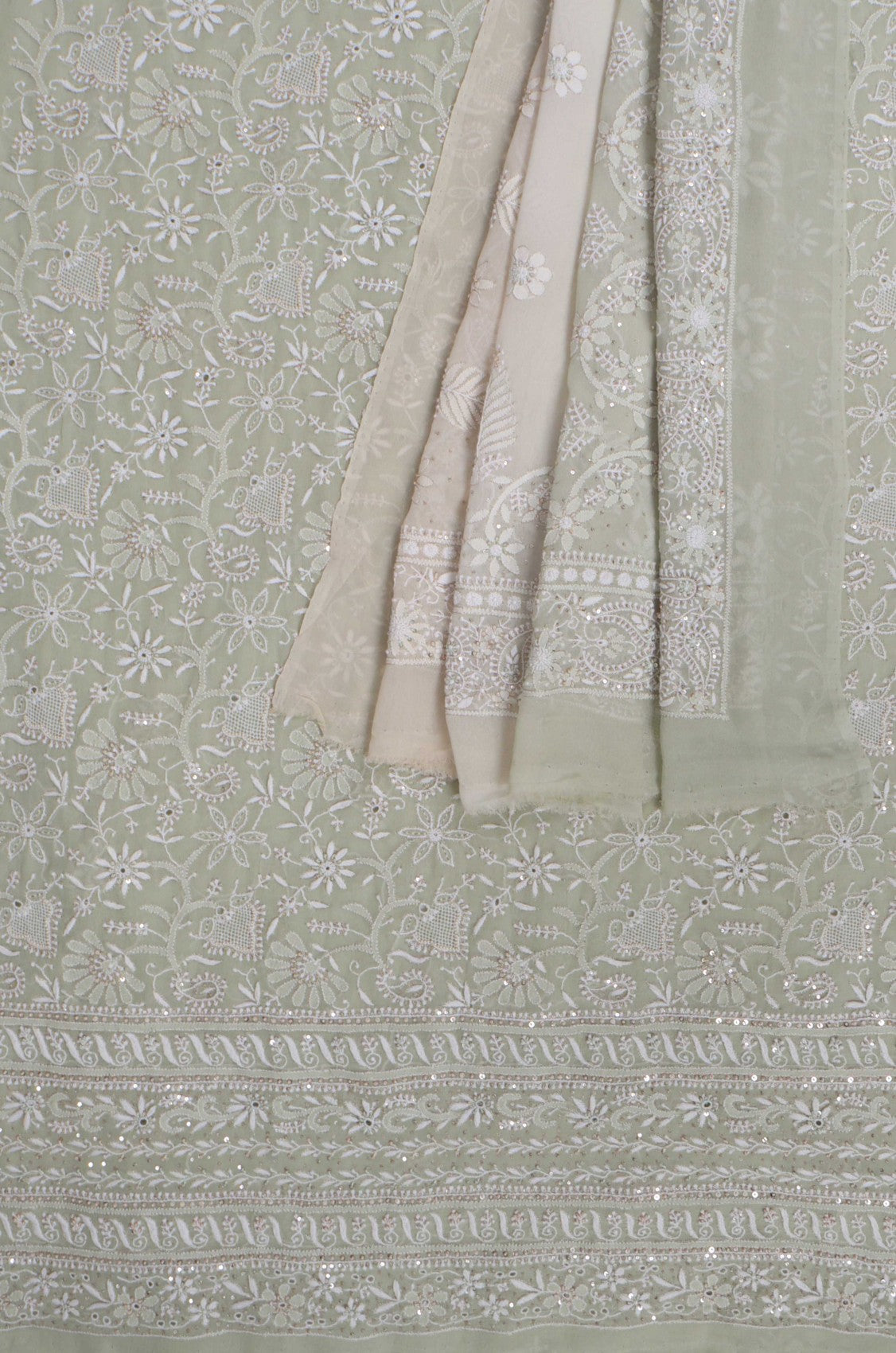 Ada Hand Embroidered Tea Green Ombre Shade Pure Georgette Lucknowi Chikanikari Unstitched Kurta Dupatta Set With Zari Work 01A375429