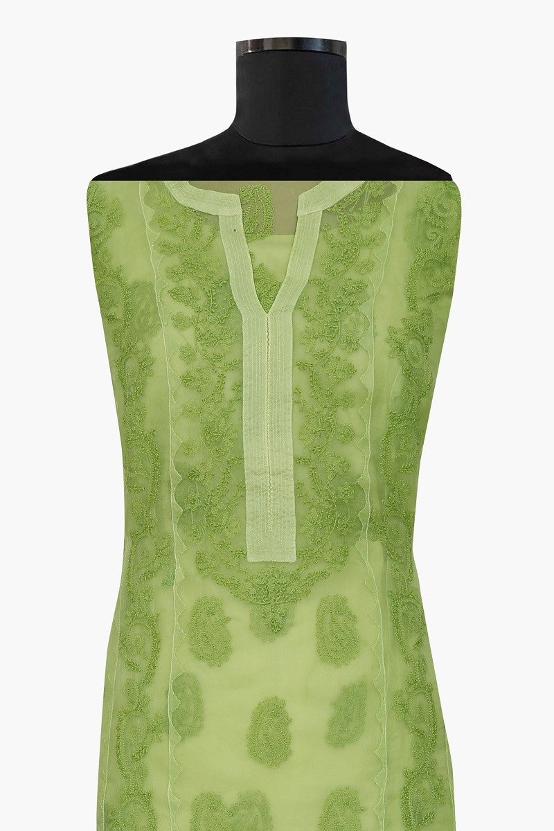 Ada Hand Embroidered Pear Green Organza Chikan Semi-stitched Kurta Piece A484760