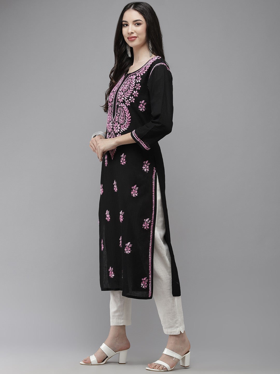 Ada Hand Embroidered Black Cotton Lucknow Chikankari Straight Kurta A411274