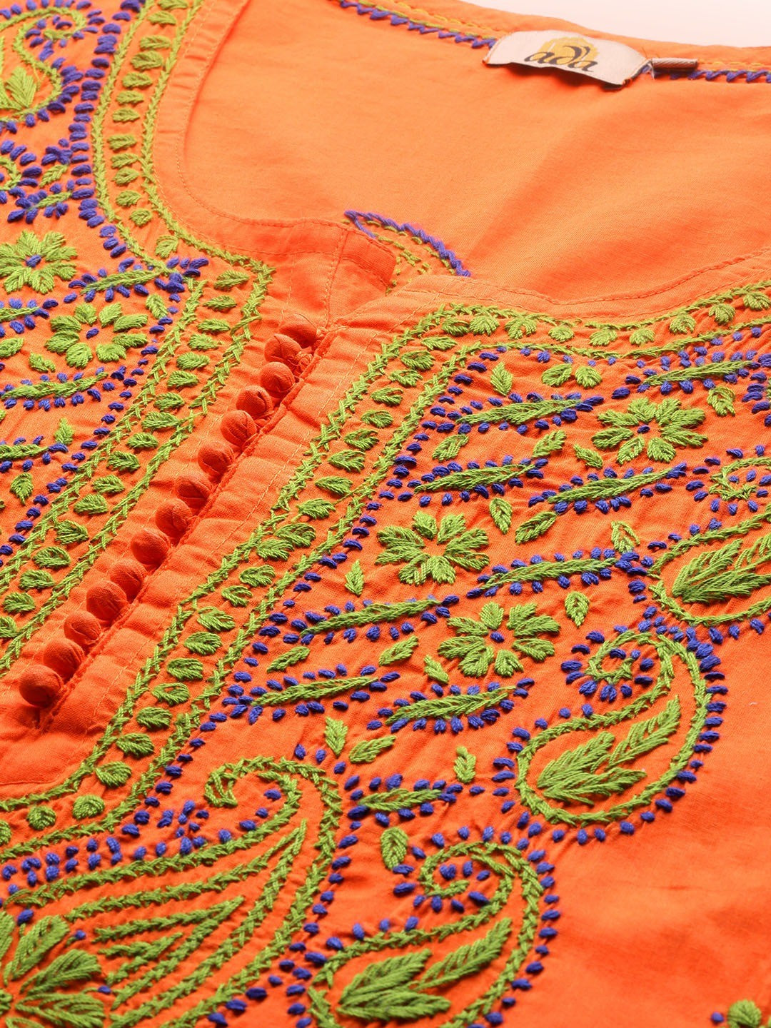 Ada Hand Embroidered Orange Cotton Lucknowi Chikankari Straight Kurta A223686