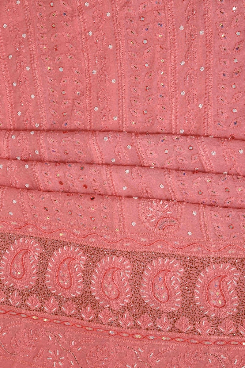 Ada Hand Embroidered Peach Georgette Lucknowi Chikan Semi-Stitched Anarkali Kurta Dupatta Set With Sequinned Work A595401
