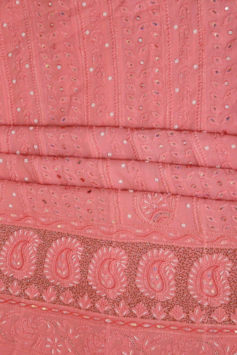 Ada Hand Embroidered Peach Georgette Lucknowi Chikan Semi-Stitched Anarkali Kurta Dupatta Set With Sequinned Work A595401