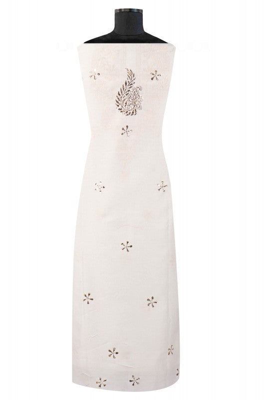 Ada Hand Embroidered White Chanderi Lucknowi Chikankari Unstitched Kurta Dupatta Set With Muqaish Work 01A40918
