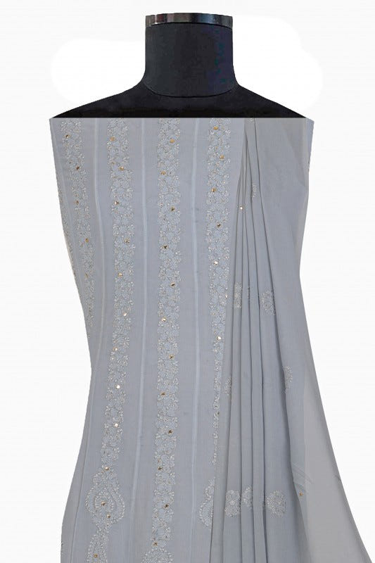 Ada Hand Embroidered Grey Georgette Lucknowi Chikankari Semi-stitched Anarkali Kurta Dupatta Set With Muqaish Work- A607087