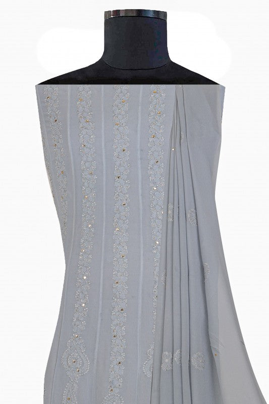 Ada Hand Embroidered Grey Georgette Lucknowi Chikankari Semi-stitched Anarkali Kurta Dupatta Set With Muqaish Work- A607087