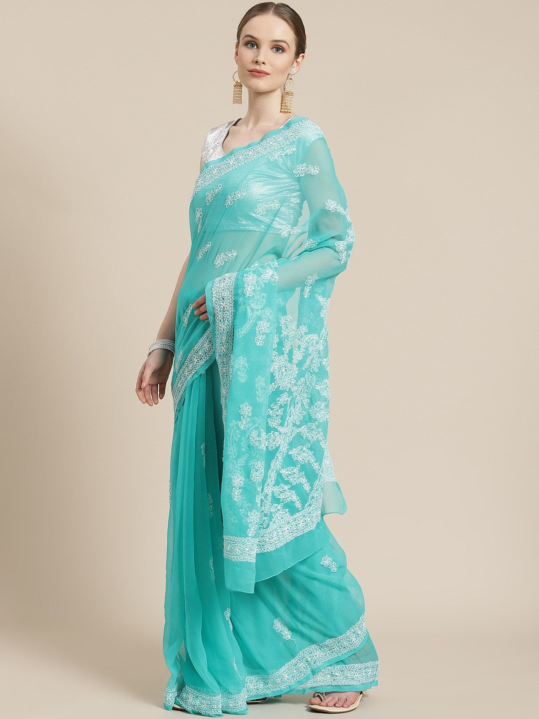 Ada Hand Embroidered Sea Green Georgette Lucknow Chikan Saree With Blouse-A311245