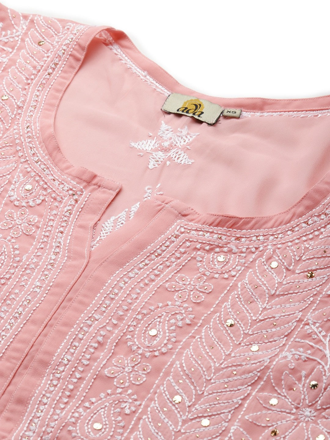 Ada Hand Embroidered Peach Georgette Lucknow Chikankari Straight Kurta/Slip with Muqaish Work A411218