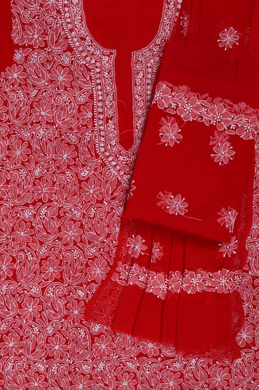 Ada Hand Embroidered Red Georgette Lucknowi Chikan Unstitched Suit Piece A516825
