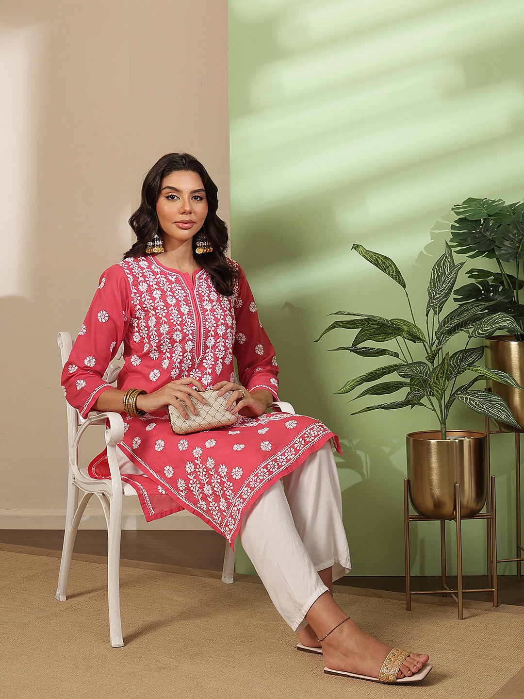 Ada Hand Embroidered Red Cotton Lucknowi Chikankari Straight Kurta A100294