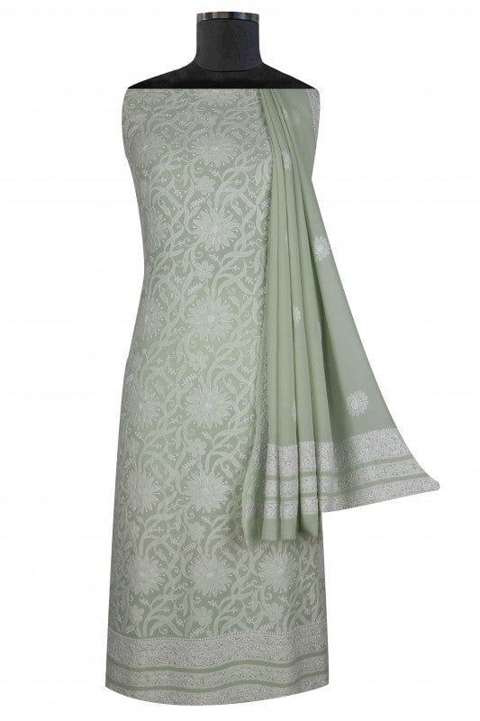 Ada Hand Embroidered Pista Green Pure Georgette Lucknowi Chikan Unstitched Kurta Dupatta Set A586390