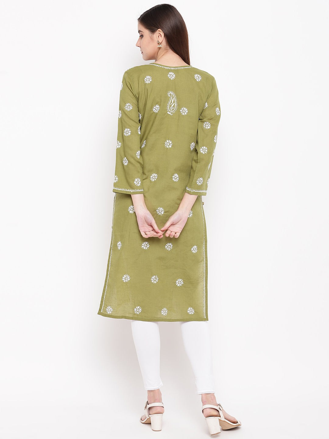 Ada Hand Embroidered Mehndi Green Cotton Lucknow Chikankari Straight Kurta - A100293