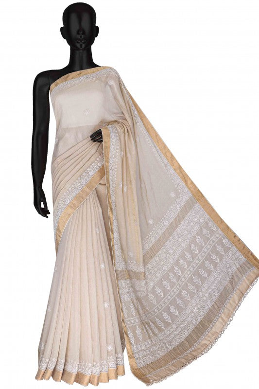 Ada Hand Embroidered Natural Beige Tissue Lucknowi Chikankari Saree With Blouse-A615148
