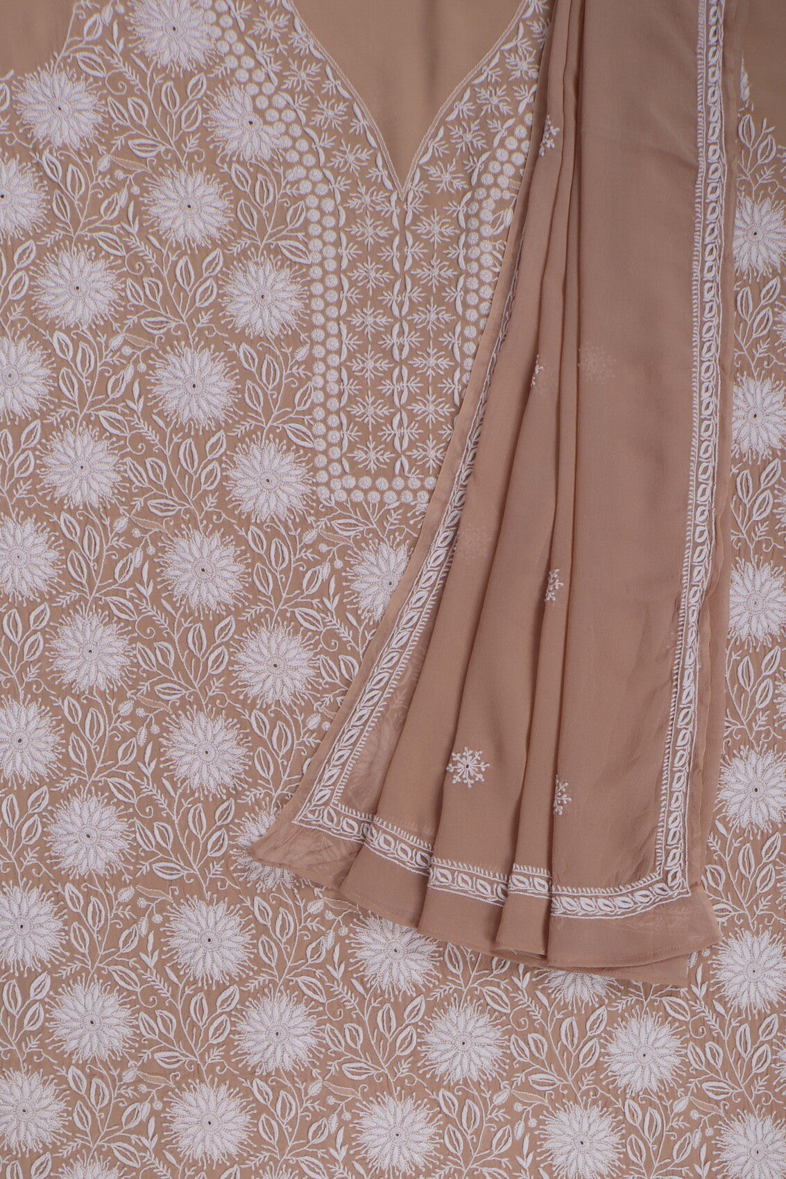 Ada Hand Embroidered Fawn Pure Georgette Lucknowi Chikankari Unstitched Kurta Dupatta Set A198254