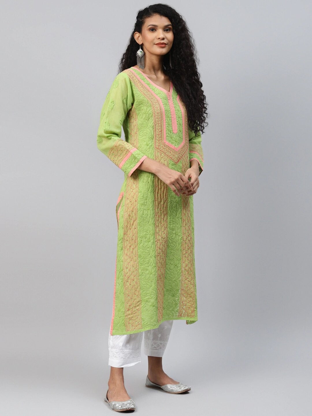 Ada Hand Embroidered Green Cotton Lucknow Chikan Kurta-A272661