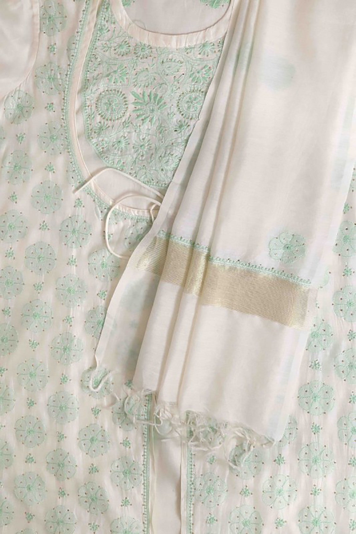 Ada Hand Embroidered Pearl White Chanderi Lucknowi Chikankari Semi-stitched Kurta Dupatta Set With Muqaish Work A621873