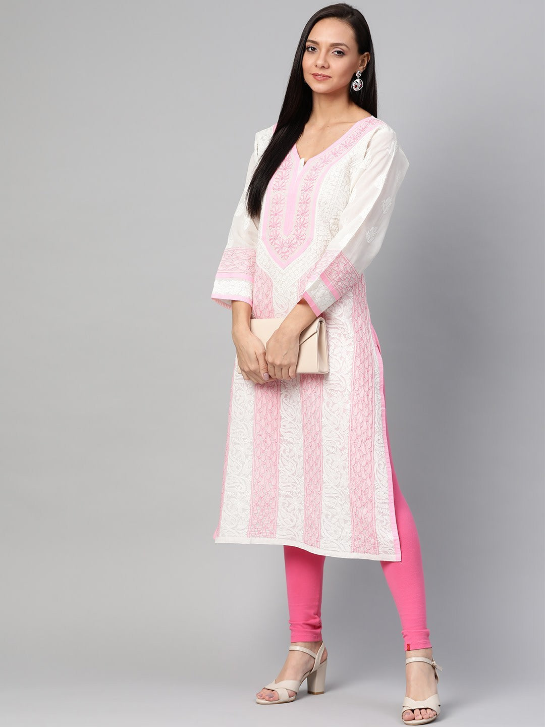 Ada Hand Embroidered White Cotton Lucknow Chikan Straight Kurta A273467