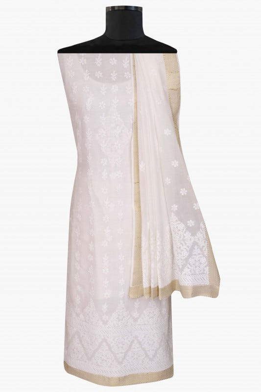 Ada Hand Embroidered White Cotton Lucknowi Chikan Unstitched Kurta Dupatta Set  A502818