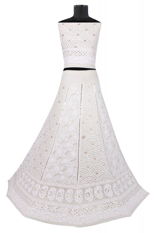 Ada Hand Embroidered White Pure Georgette Lucknowi Chikankari Lehenga Set With Muqaish Work 01A118622
