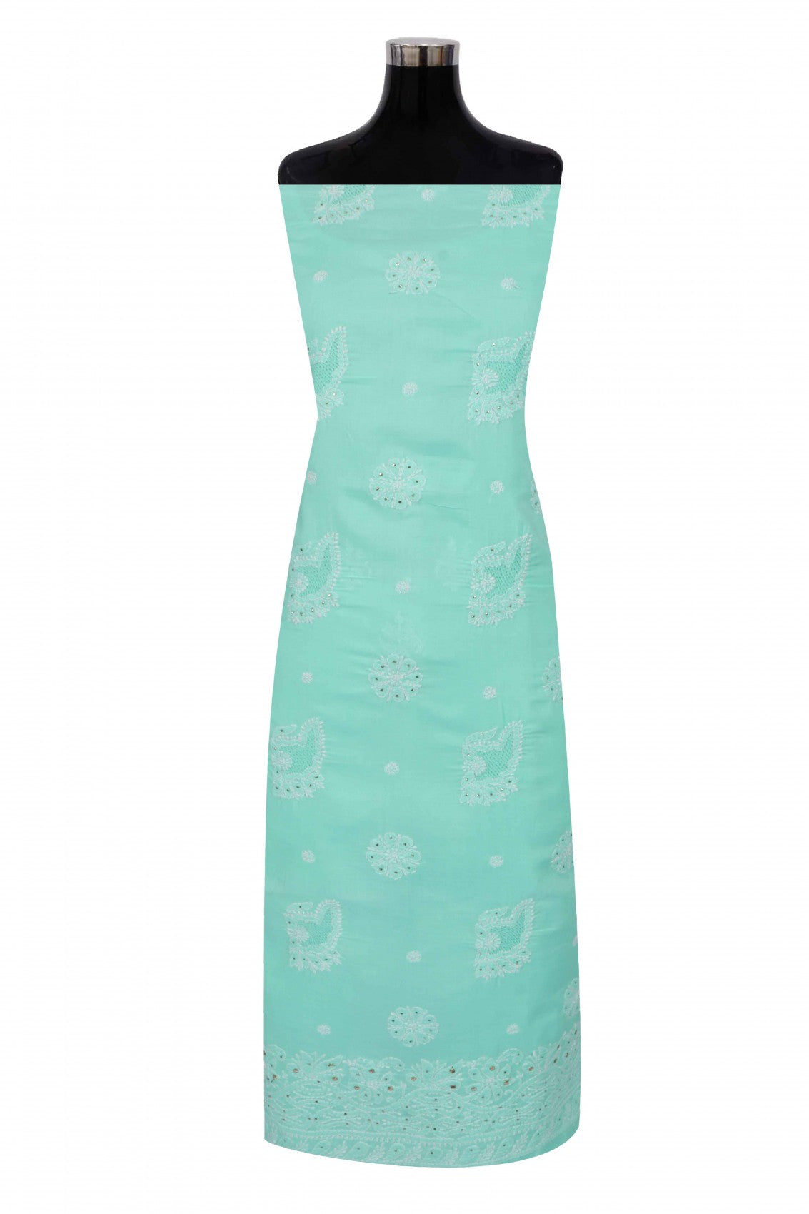 Ada Hand Embroidered Sea Green Cotton Lucknowi Chikankari Unstitched Suit Piece With Muqaish Work 01A204406