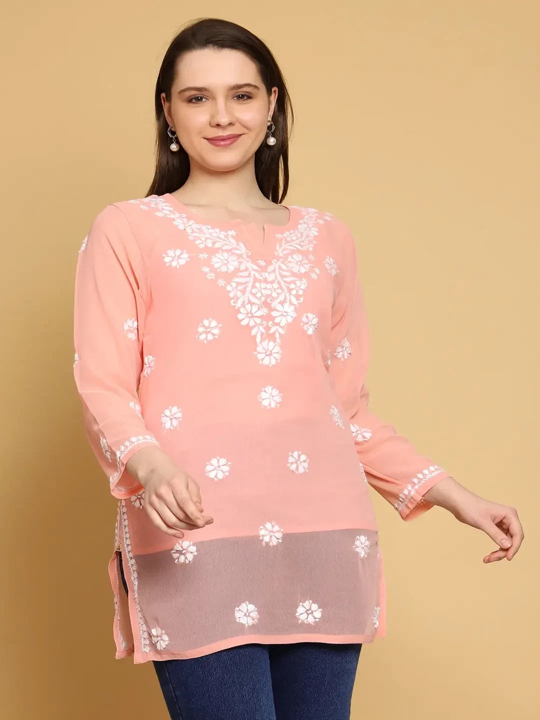 Ada Hand Embroidered Peach Georgette Lucknowi Chikankari Straight Kurti with Slip A911301