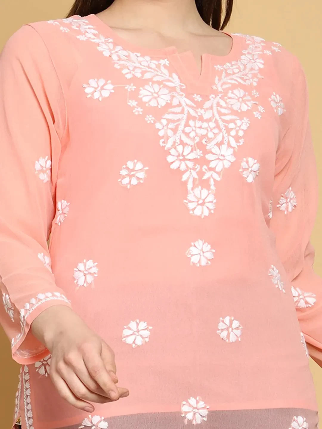Ada Hand Embroidered Peach Georgette Lucknowi Chikankari Straight Kurti with Slip A911301