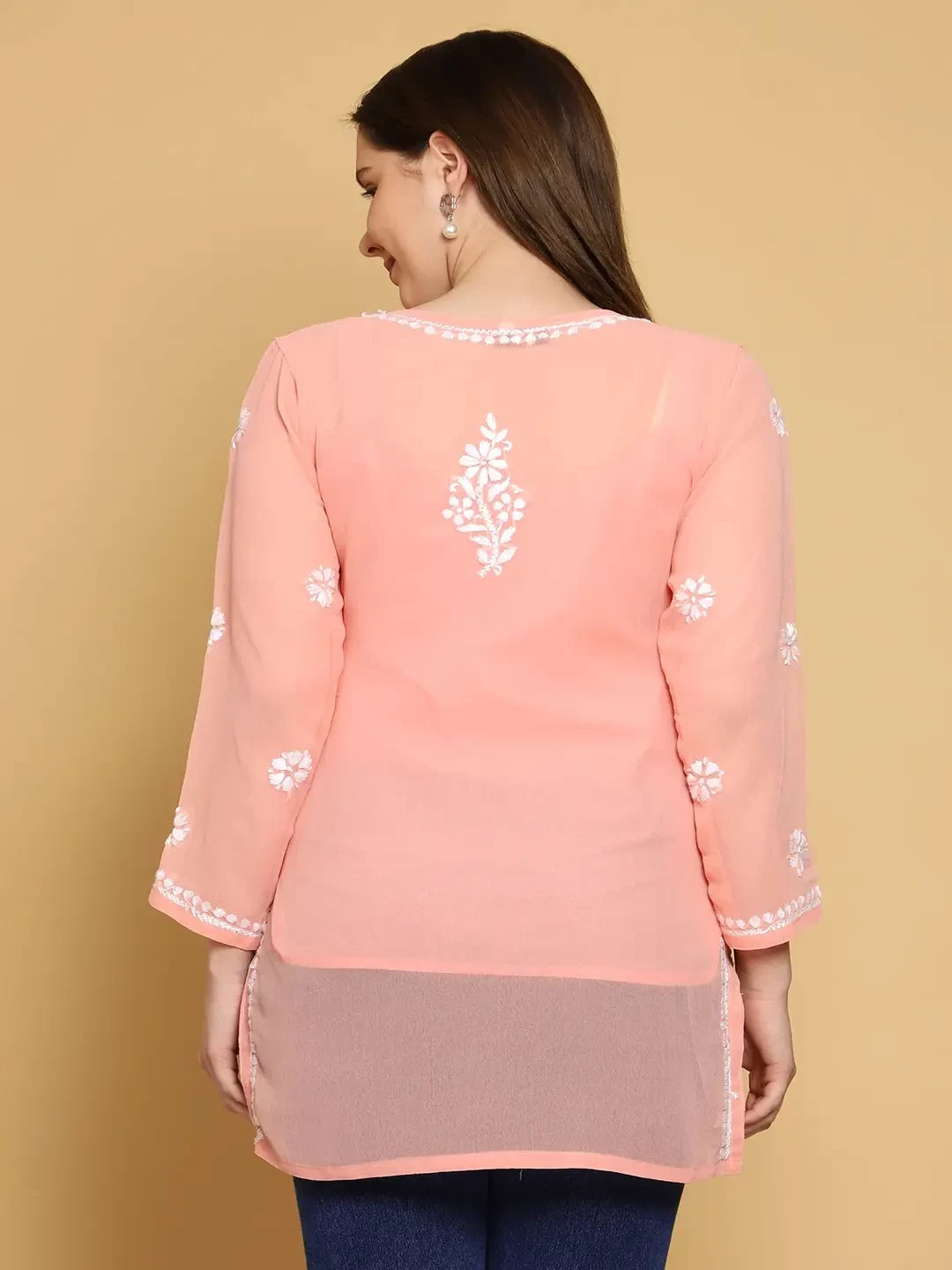 Ada Hand Embroidered Peach Georgette Lucknowi Chikankari Straight Kurti with Slip A911301