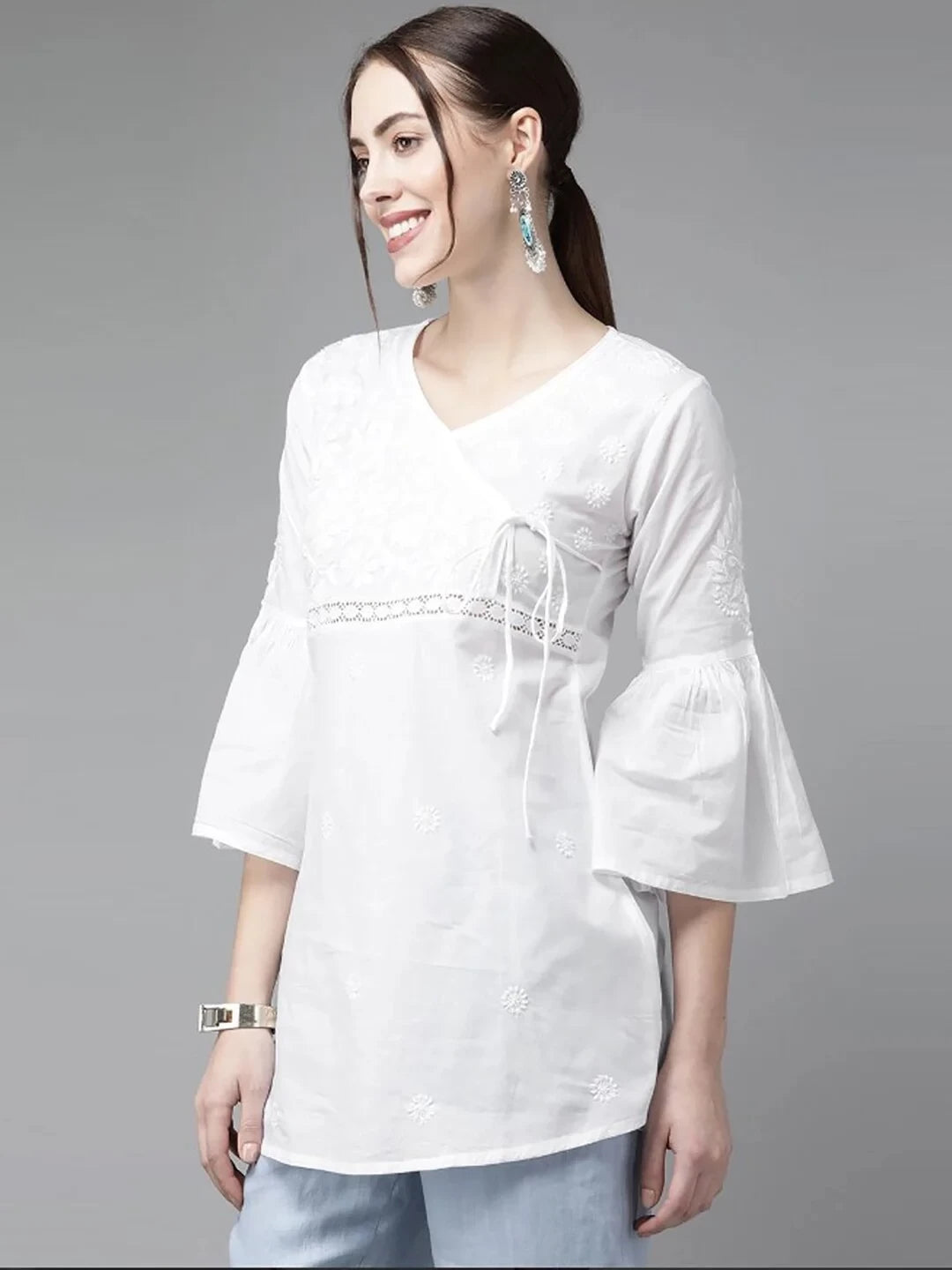 Ada Hand Embroidered White Cotton Angrakha Lucknowi Chikankari Top A911210