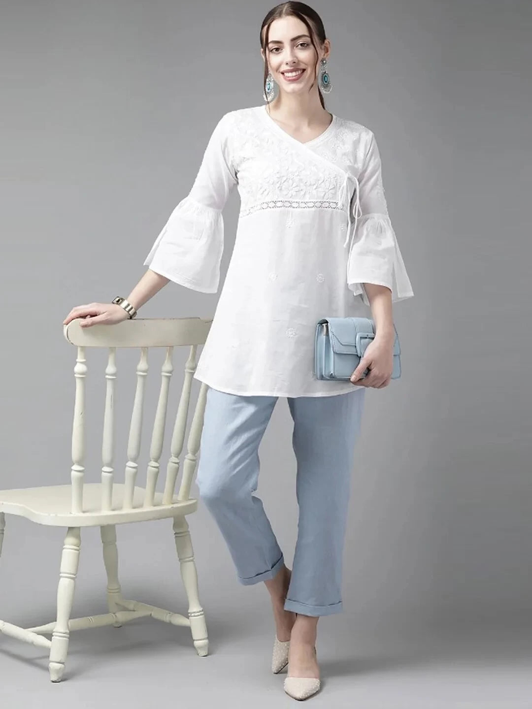 Ada Hand Embroidered White Cotton Angrakha Lucknowi Chikankari Top A911210