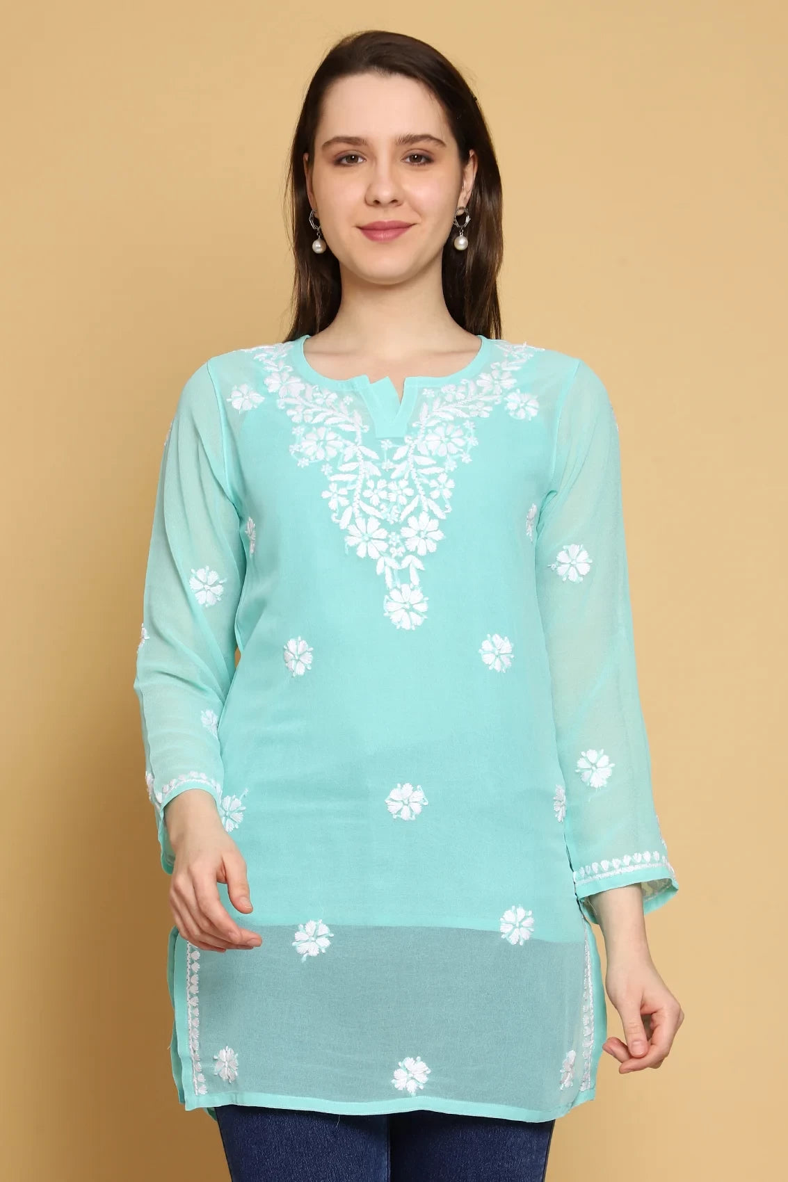 Ada Hand Embroidered Sea Green Georgette Lucknowi Chikankari Straight Kurti With Slip A911306