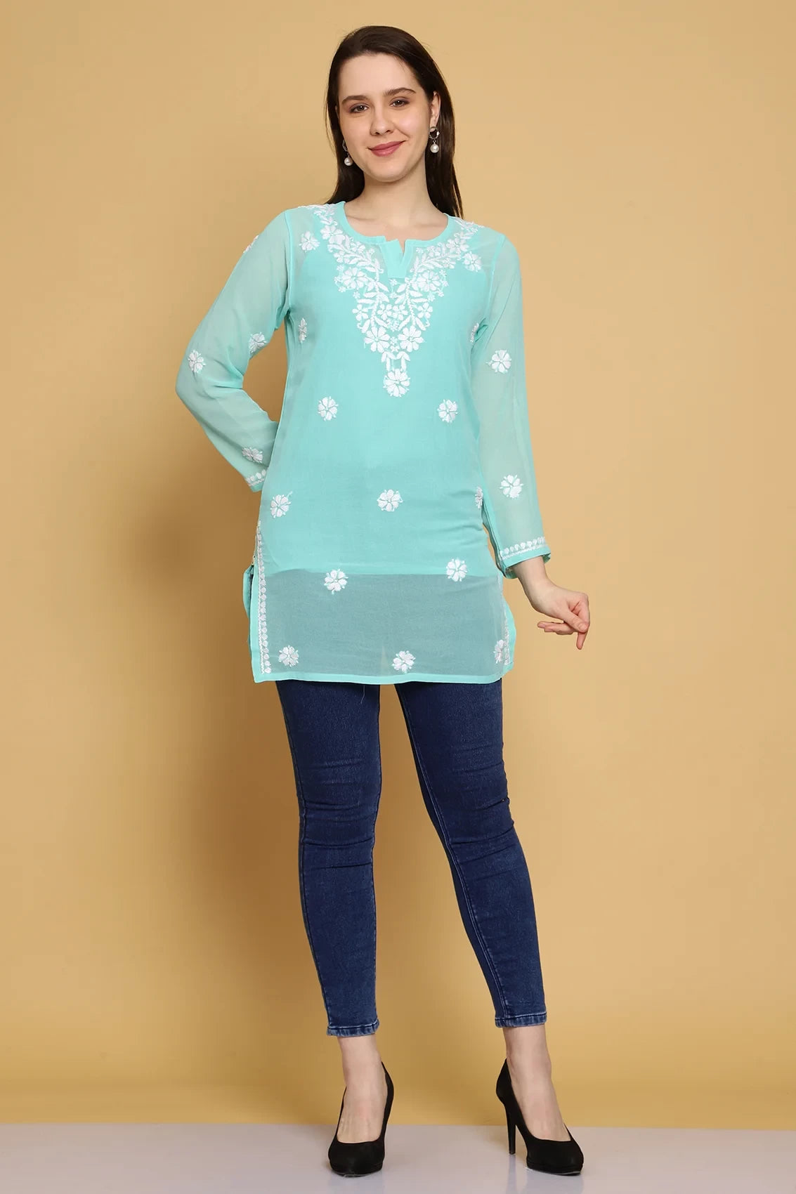 Ada Hand Embroidered Sea Green Georgette Lucknowi Chikankari Straight Kurti With Slip A911306