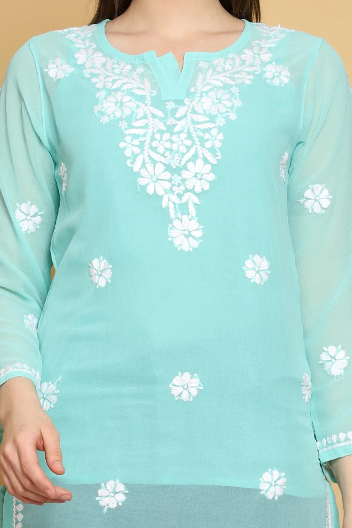 Ada Hand Embroidered Sea Green Georgette Lucknowi Chikankari Straight Kurti With Slip A911306