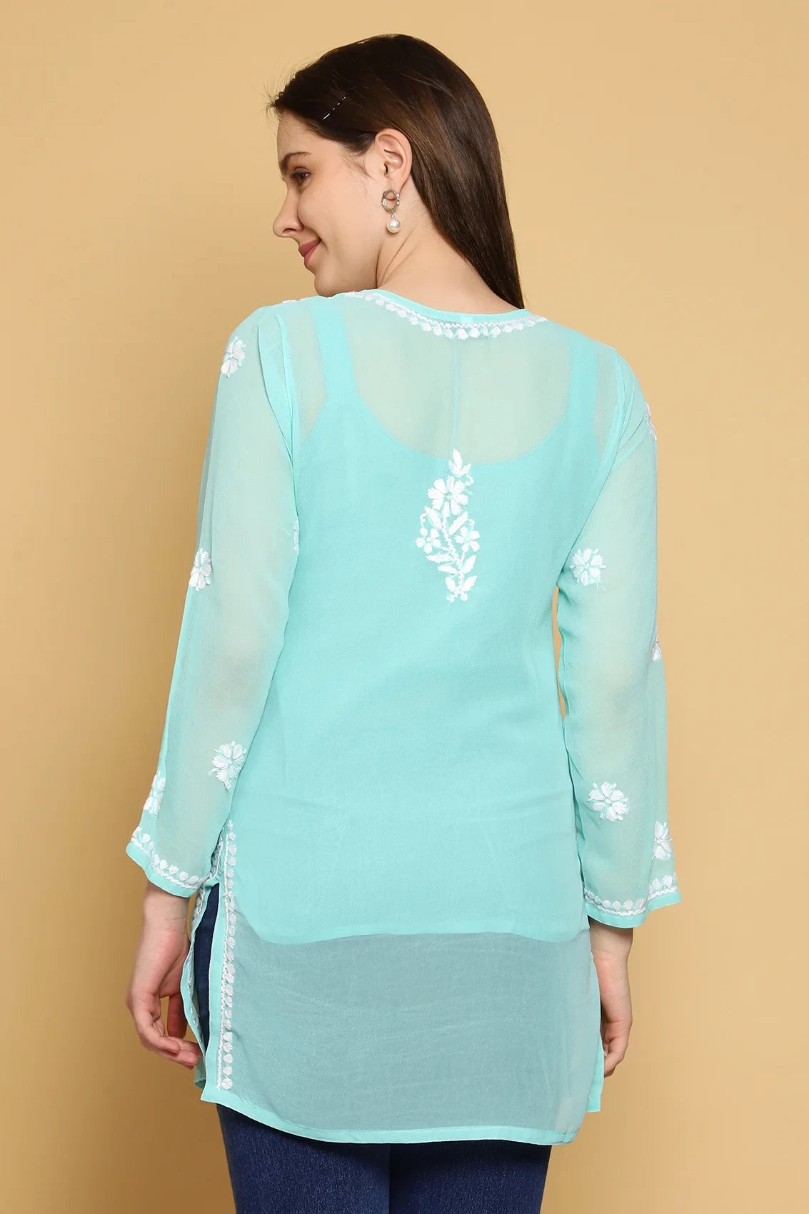 Ada Hand Embroidered Sea Green Georgette Lucknowi Chikankari Straight Kurti With Slip A911306