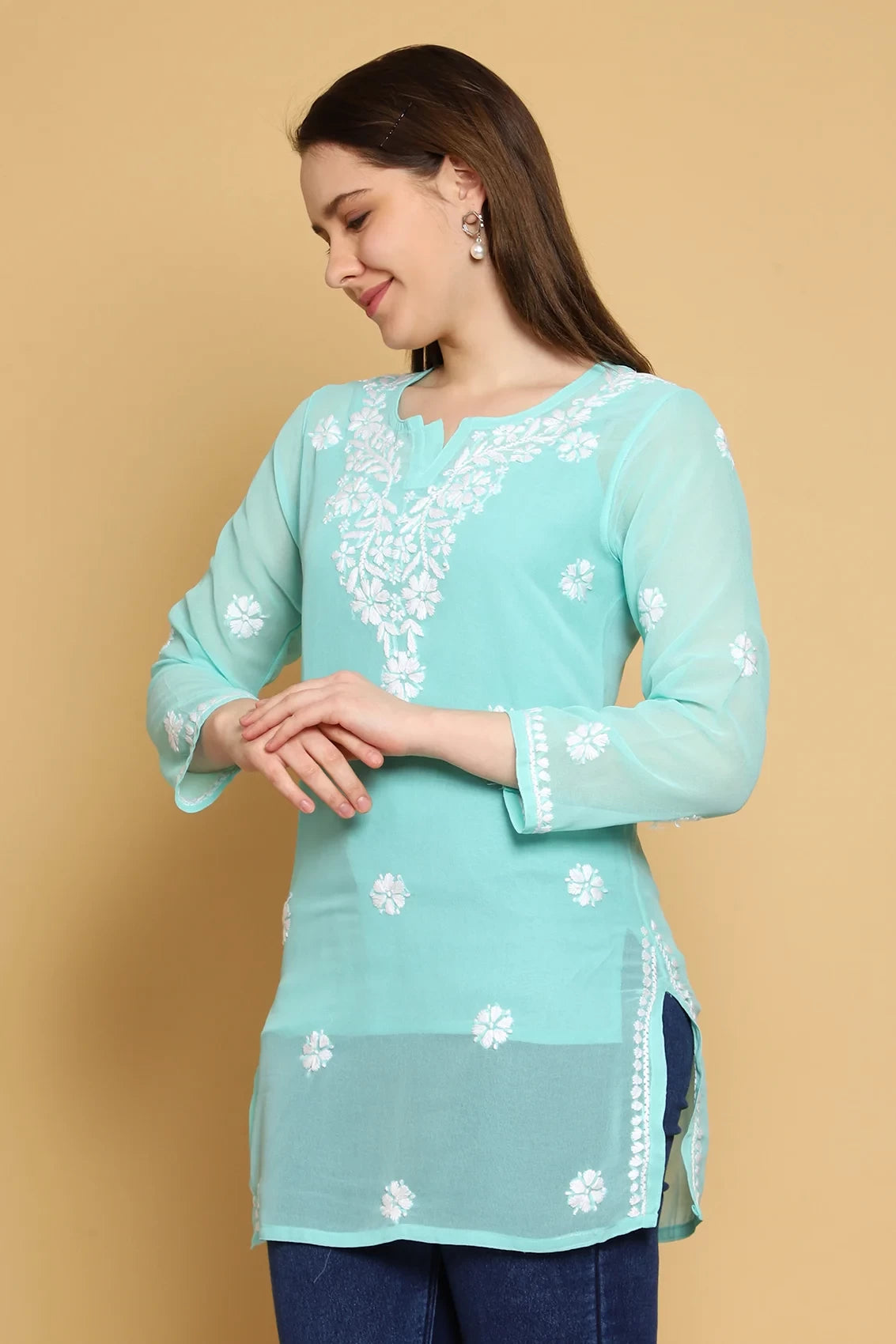 Ada Hand Embroidered Sea Green Georgette Lucknowi Chikankari Straight Kurti With Slip A911306