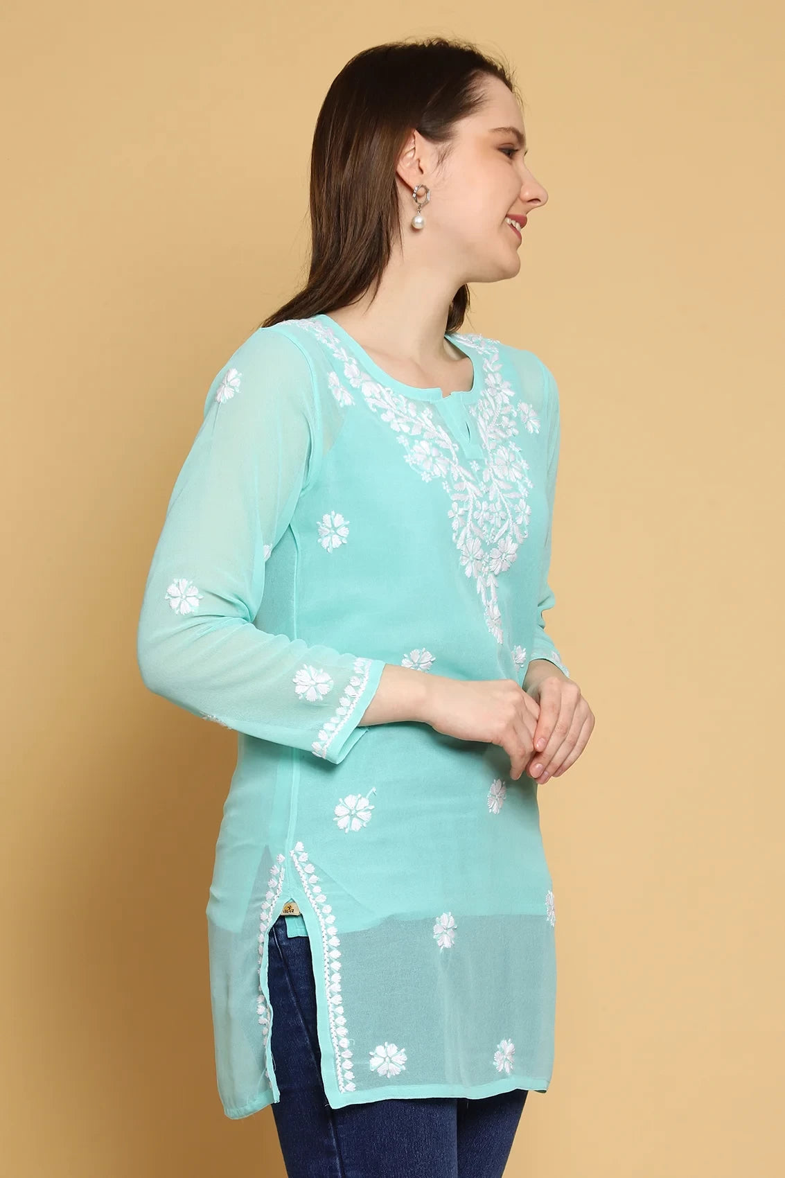 Ada Hand Embroidered Sea Green Georgette Lucknowi Chikankari Straight Kurti With Slip A911306